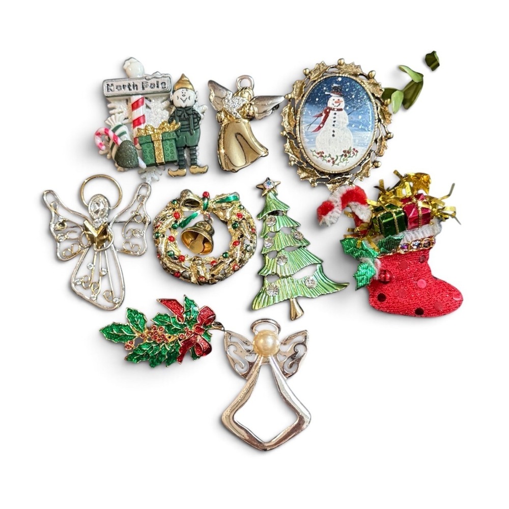 Vintage Christmas Brooch Pin Lot Angels Snowman Tree Wreath Stocking Holly 9pc